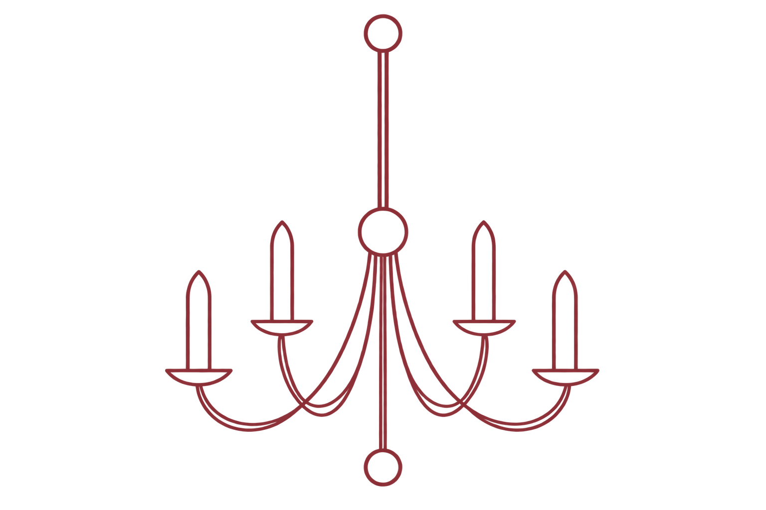 a red line drawing of a chandelier
