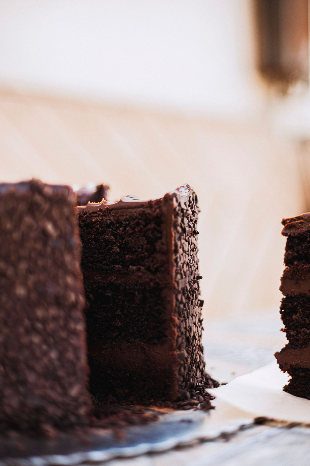 a piece of chocolate cake on a table
