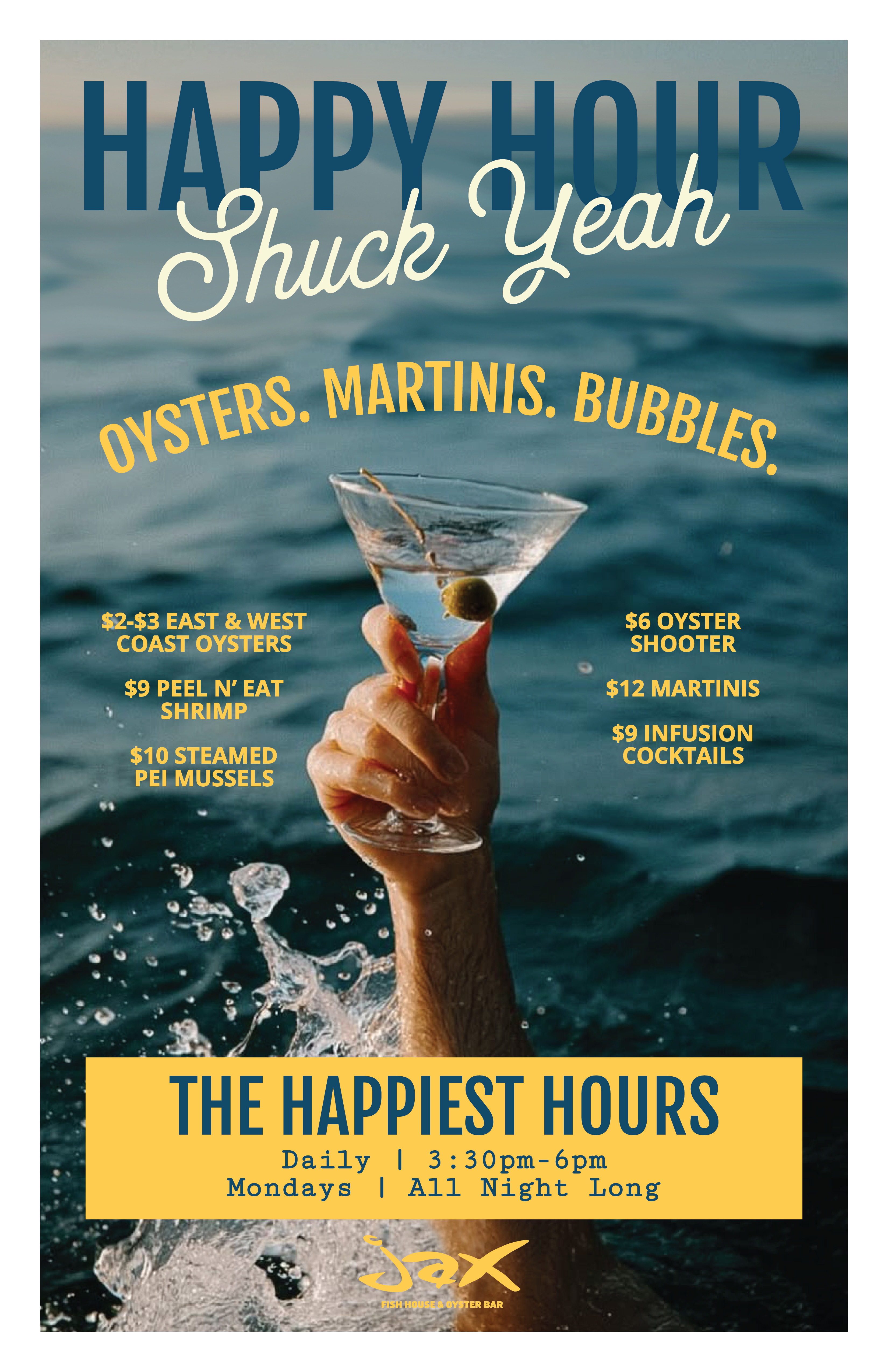 happy hour poster featuring oysters, martinis, bubbles