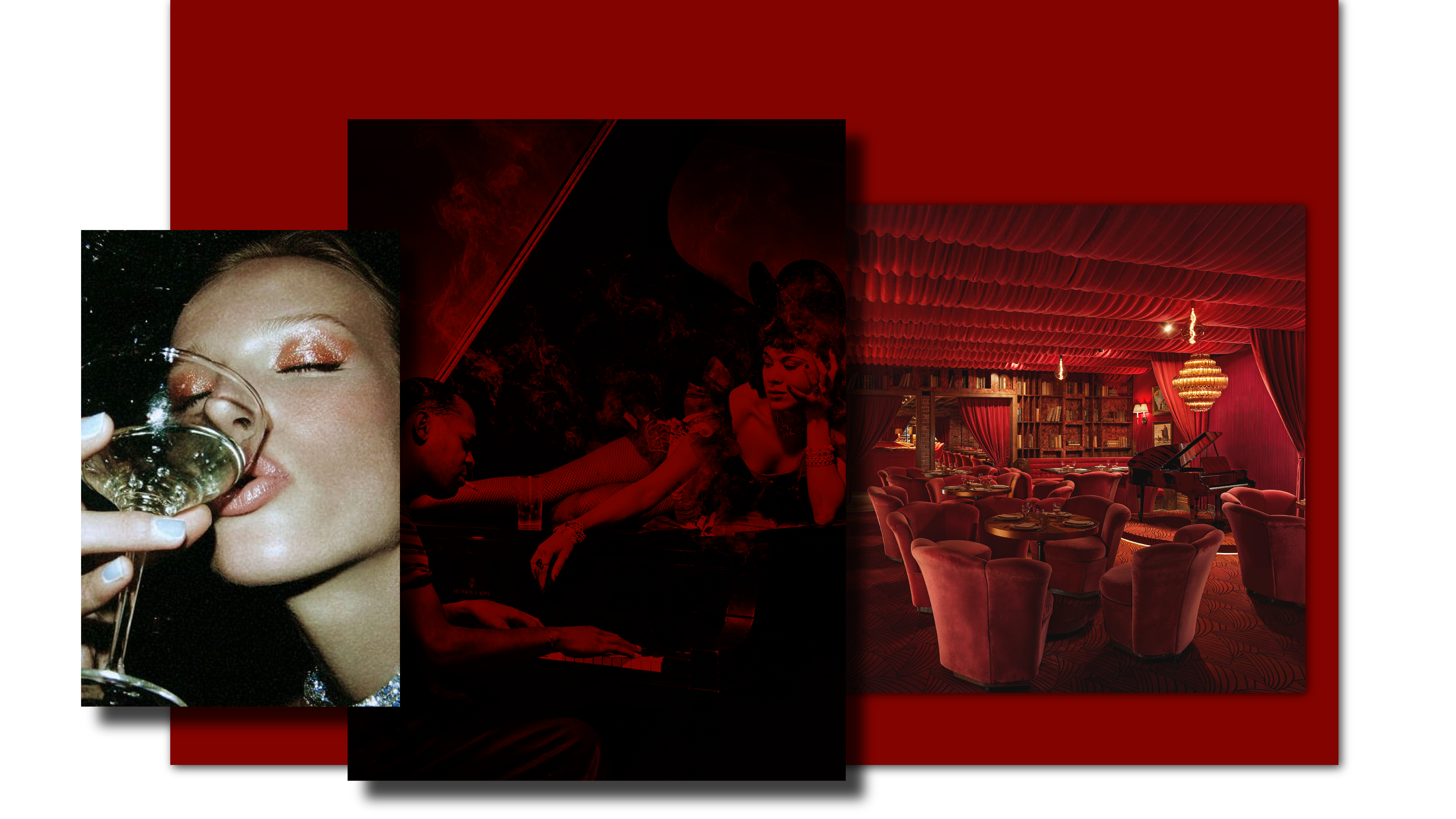 a collage of a woman in a red room