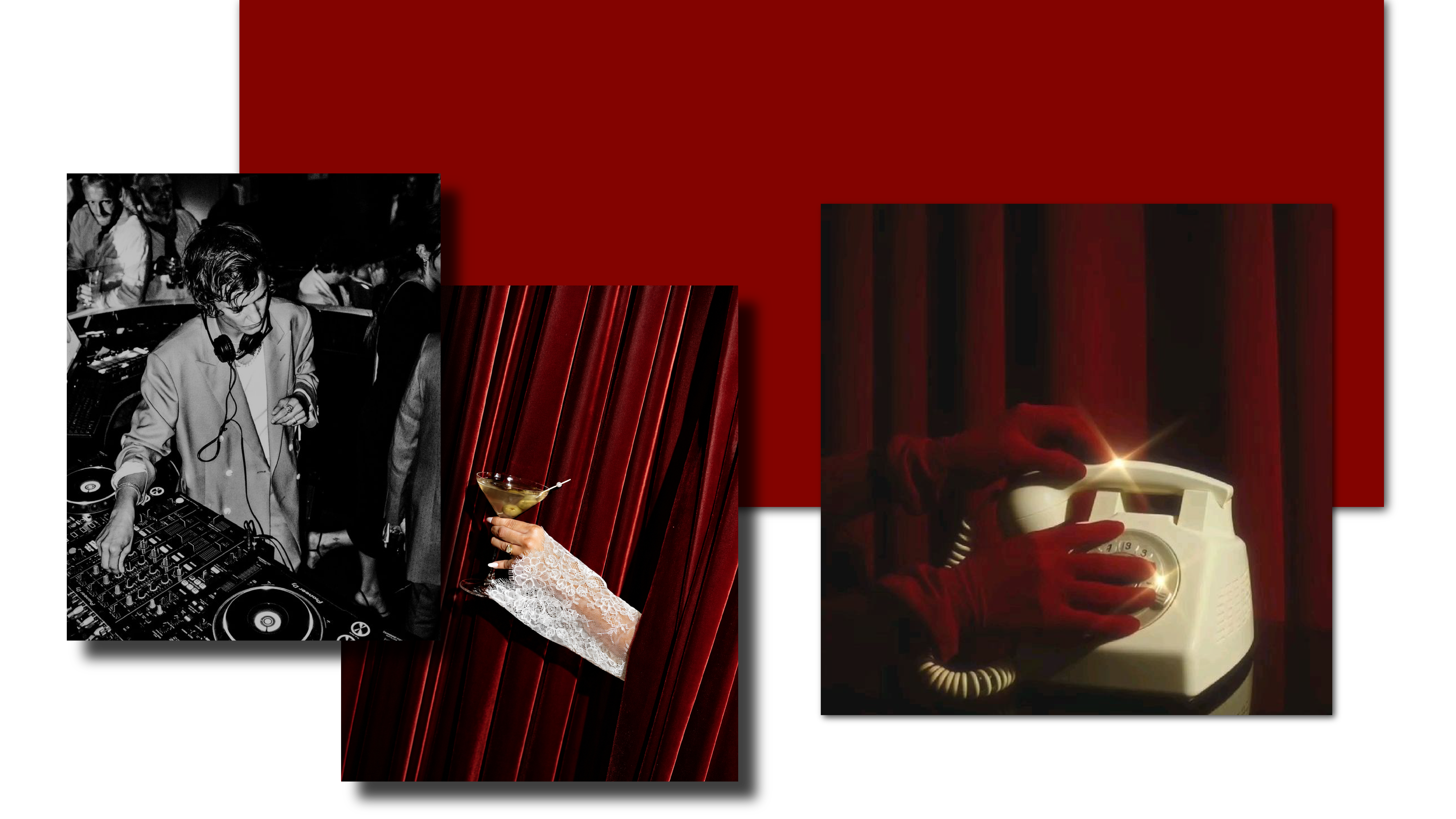 a collage of images of a man holding a telephone and a martini glass