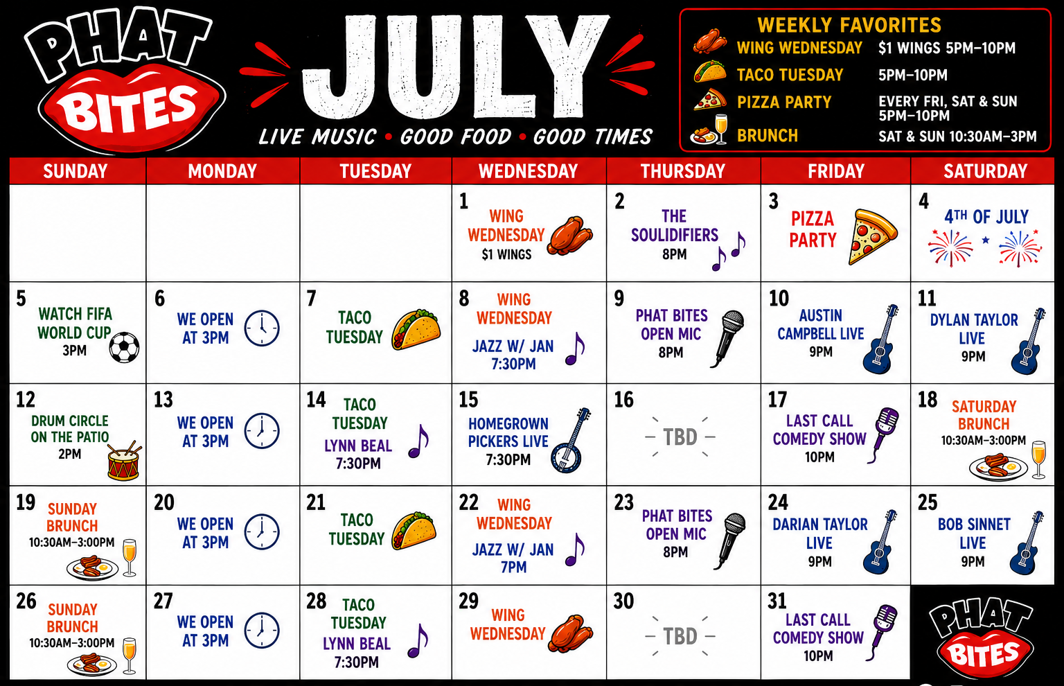 a calendar with a list of food items