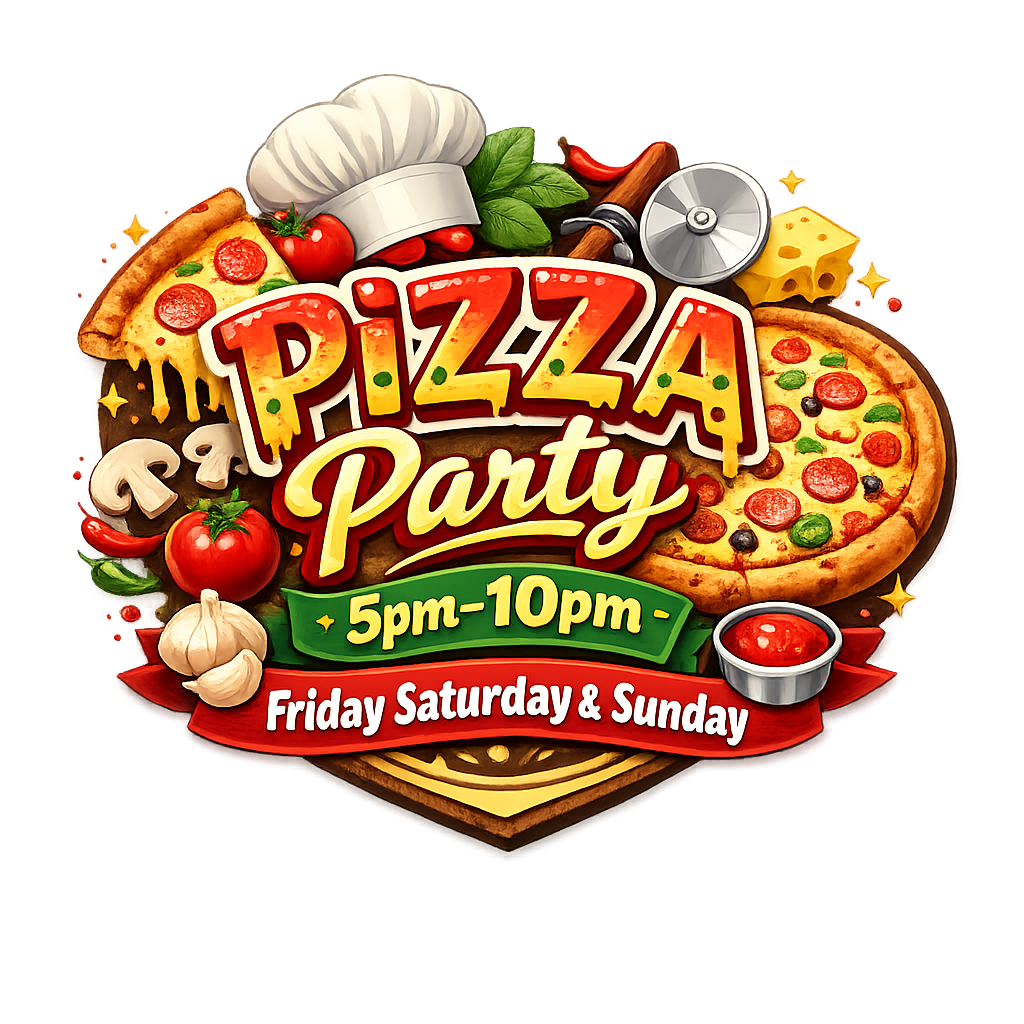 a pizza party logo with various food items