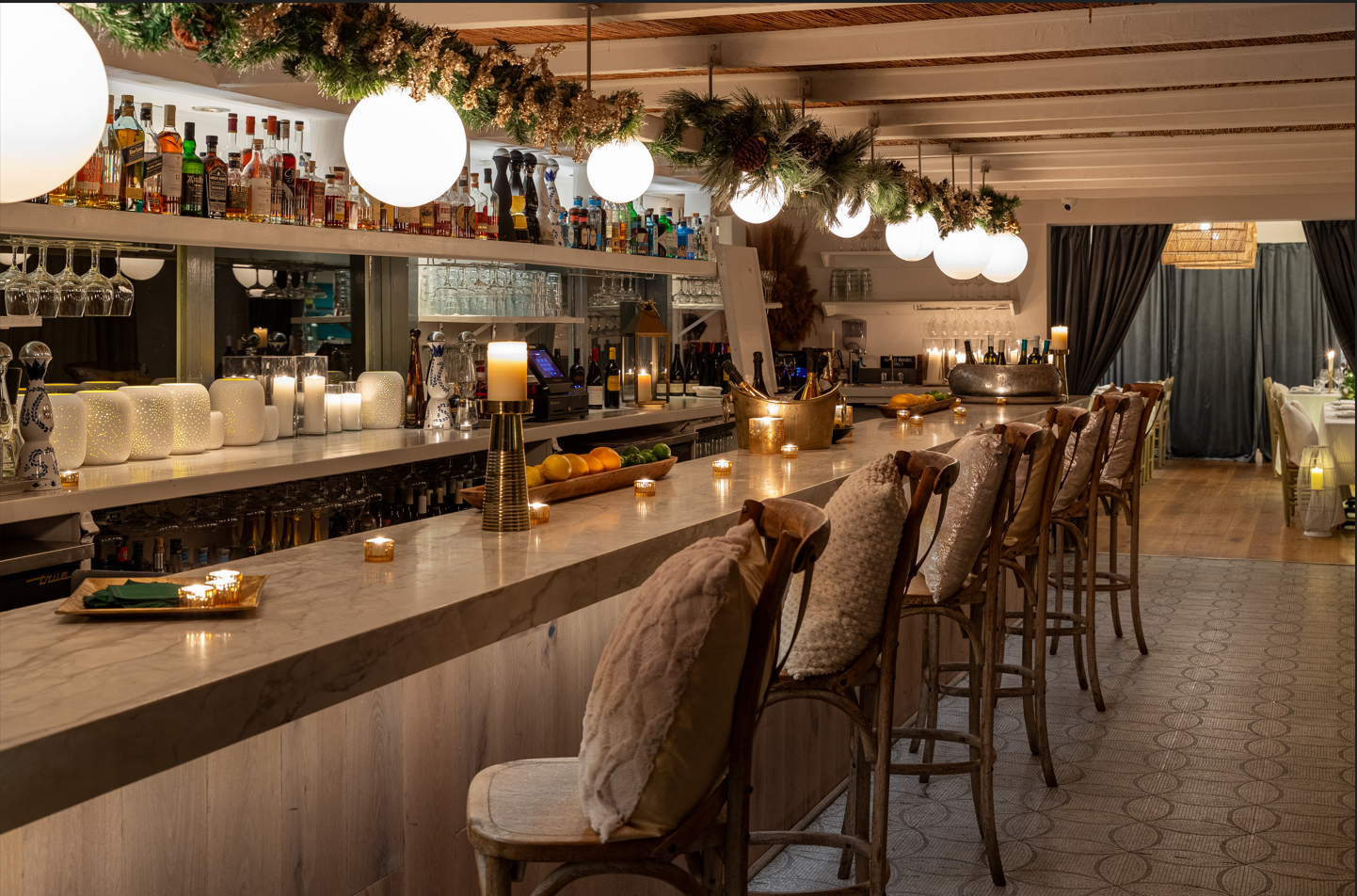 a kitchen with a table in a restaurant