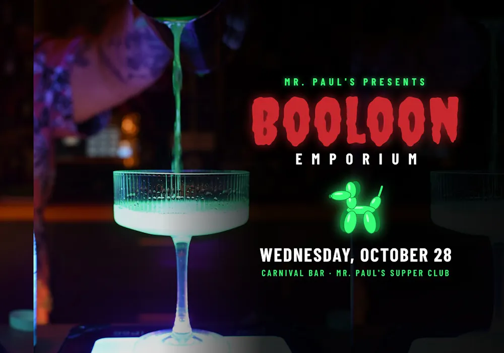 Booloon Emporium flyer - Wednesday, Oct 28, 2026, seatings at 5:30 & 8:00 pm in the Carnival Bar at Mr. Paul's Supper Club