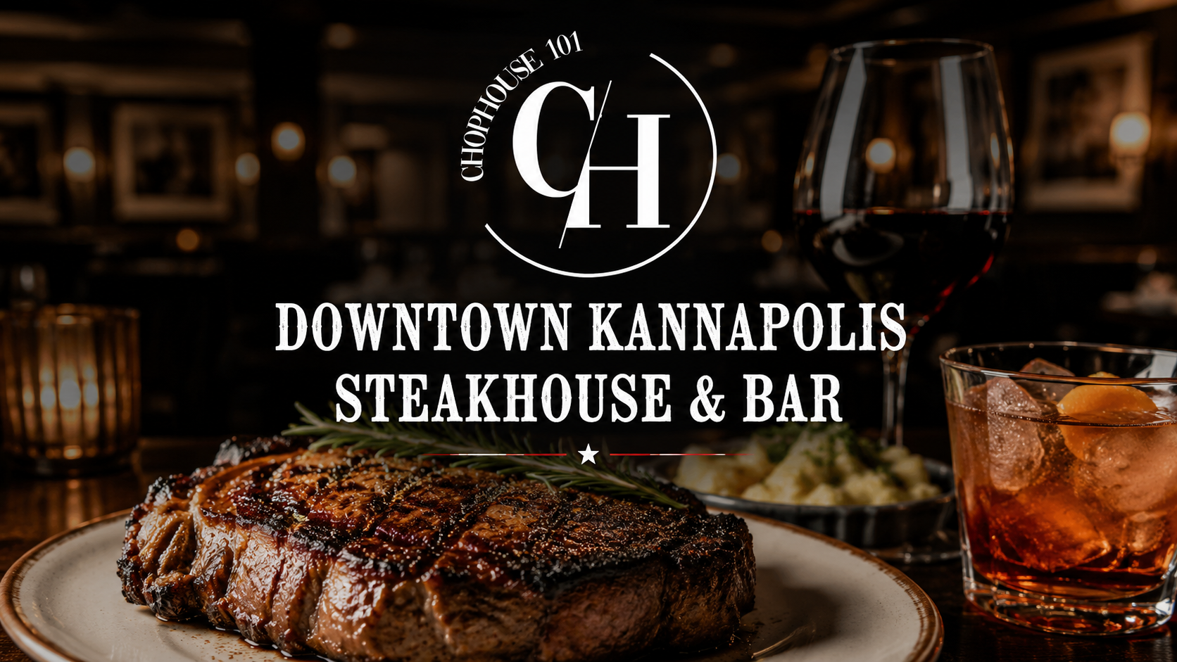 a steak on a plate with a glass of wine