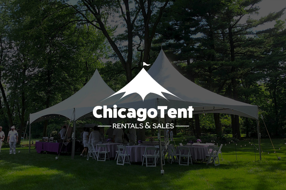 Chicago Tent logo over two large white tents set up in a backyard