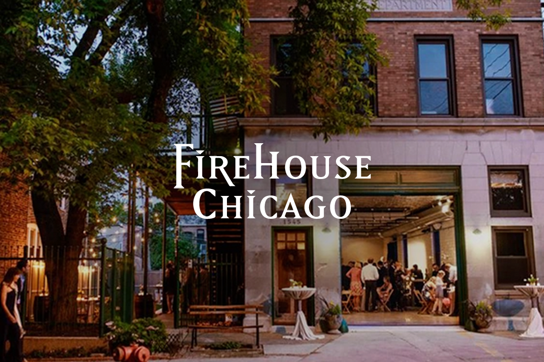 The Firehouse Chicago logo over the exterior of an old firehouse, now converted into an event space, lit warmly on a dark night