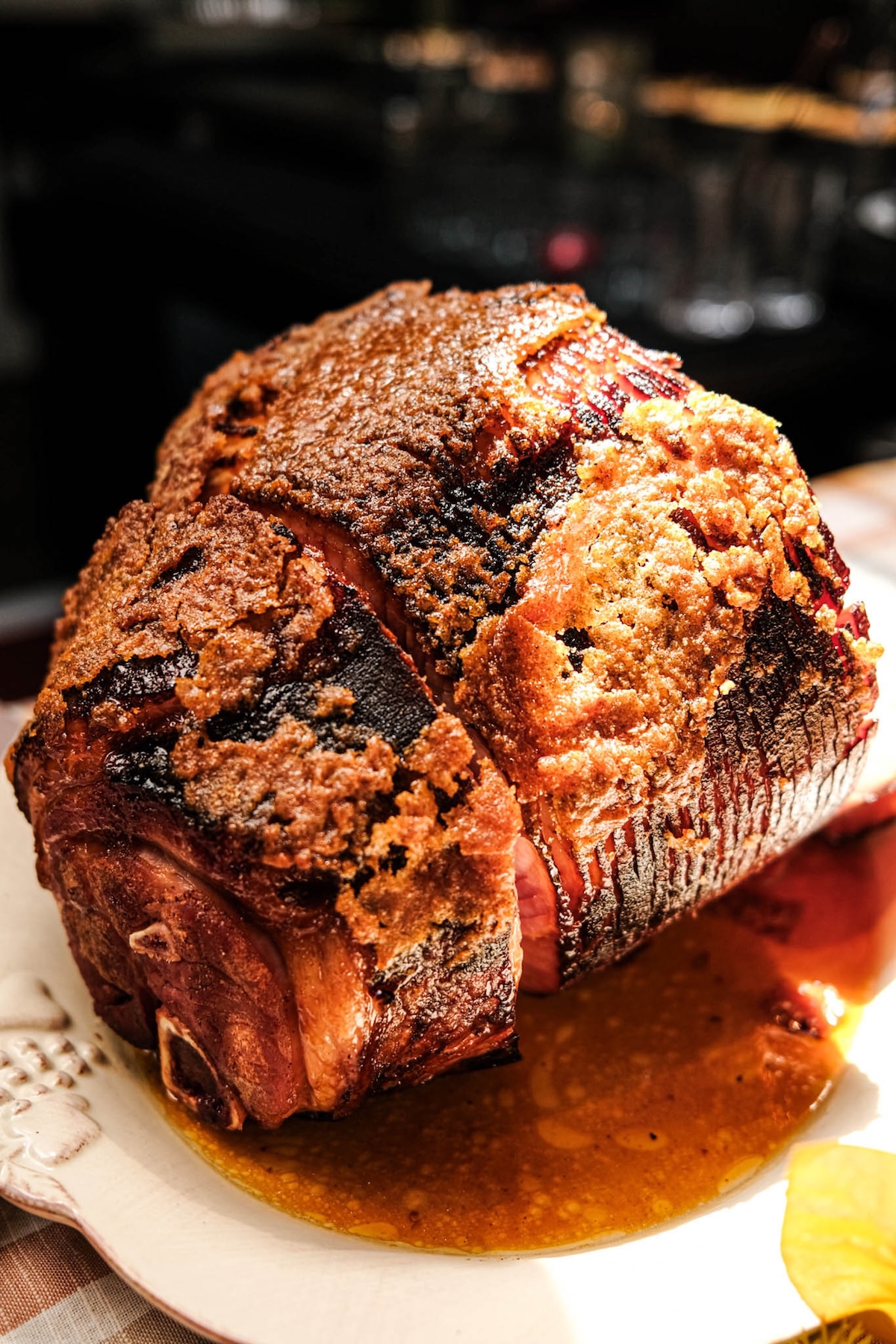 Close up of a glazed baked ham