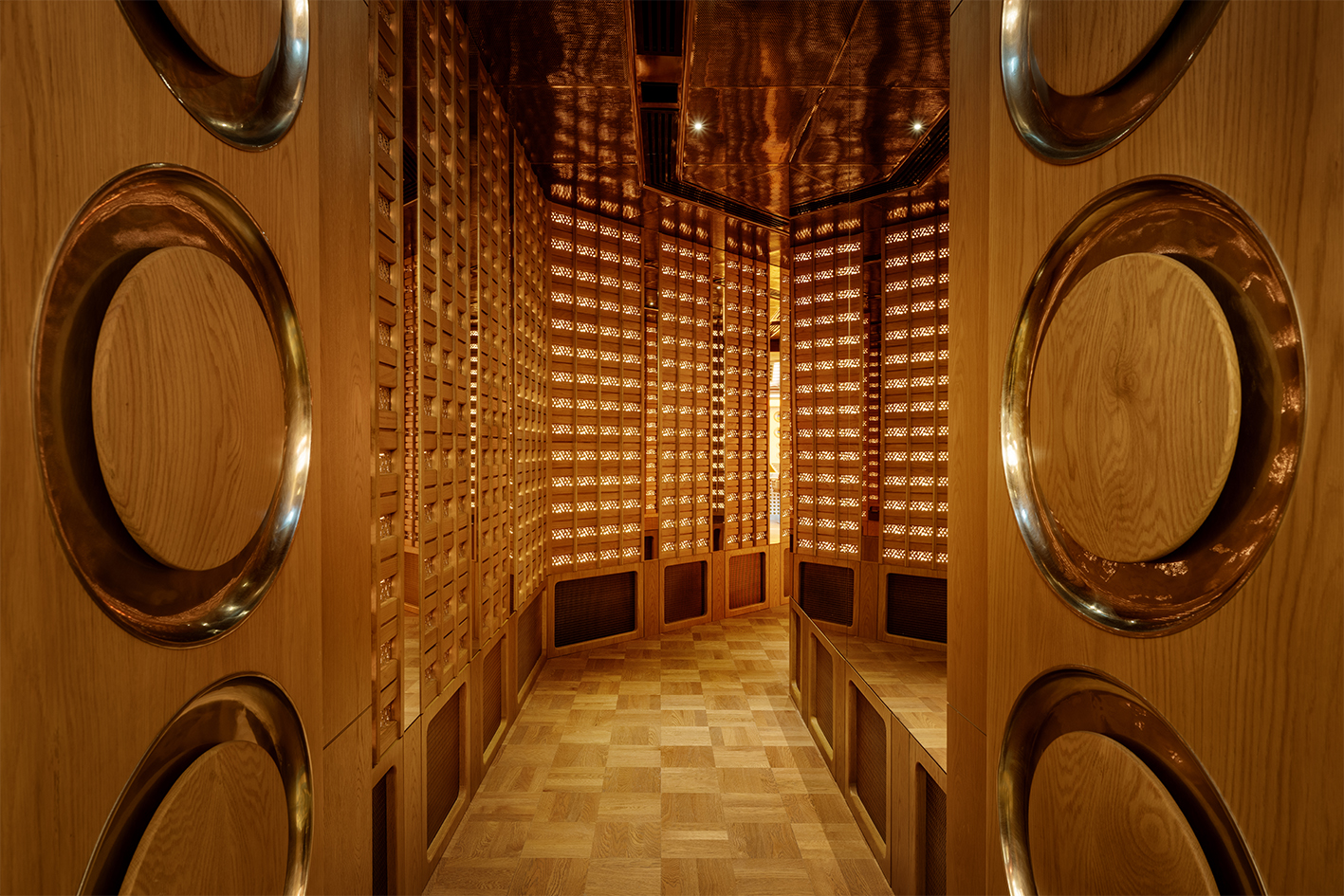 a room with wooden doors and a wood floor