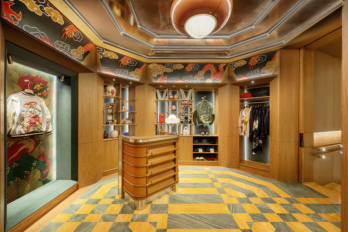 a room with a counter and shelves