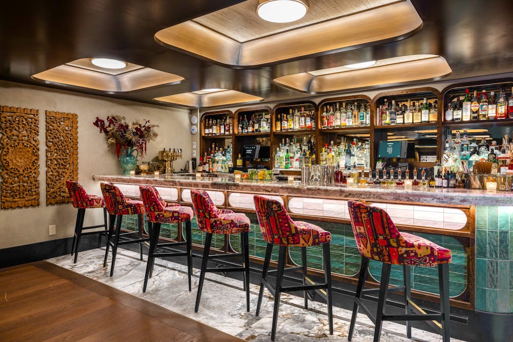 a dining room table in front of a store