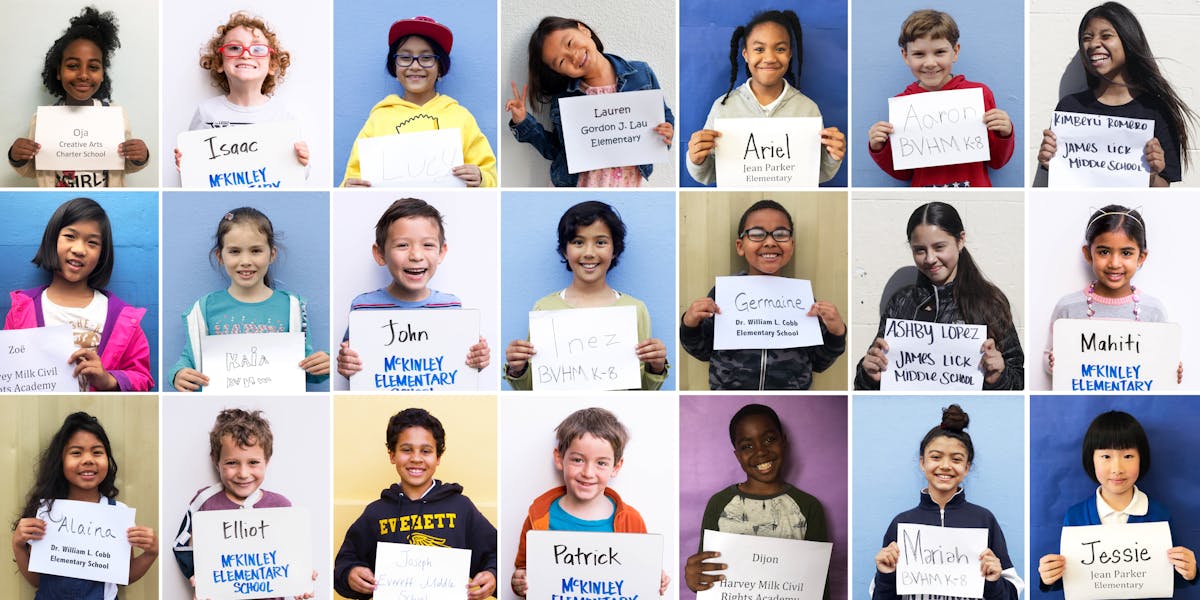 a group of kids holding signs with names of schools
