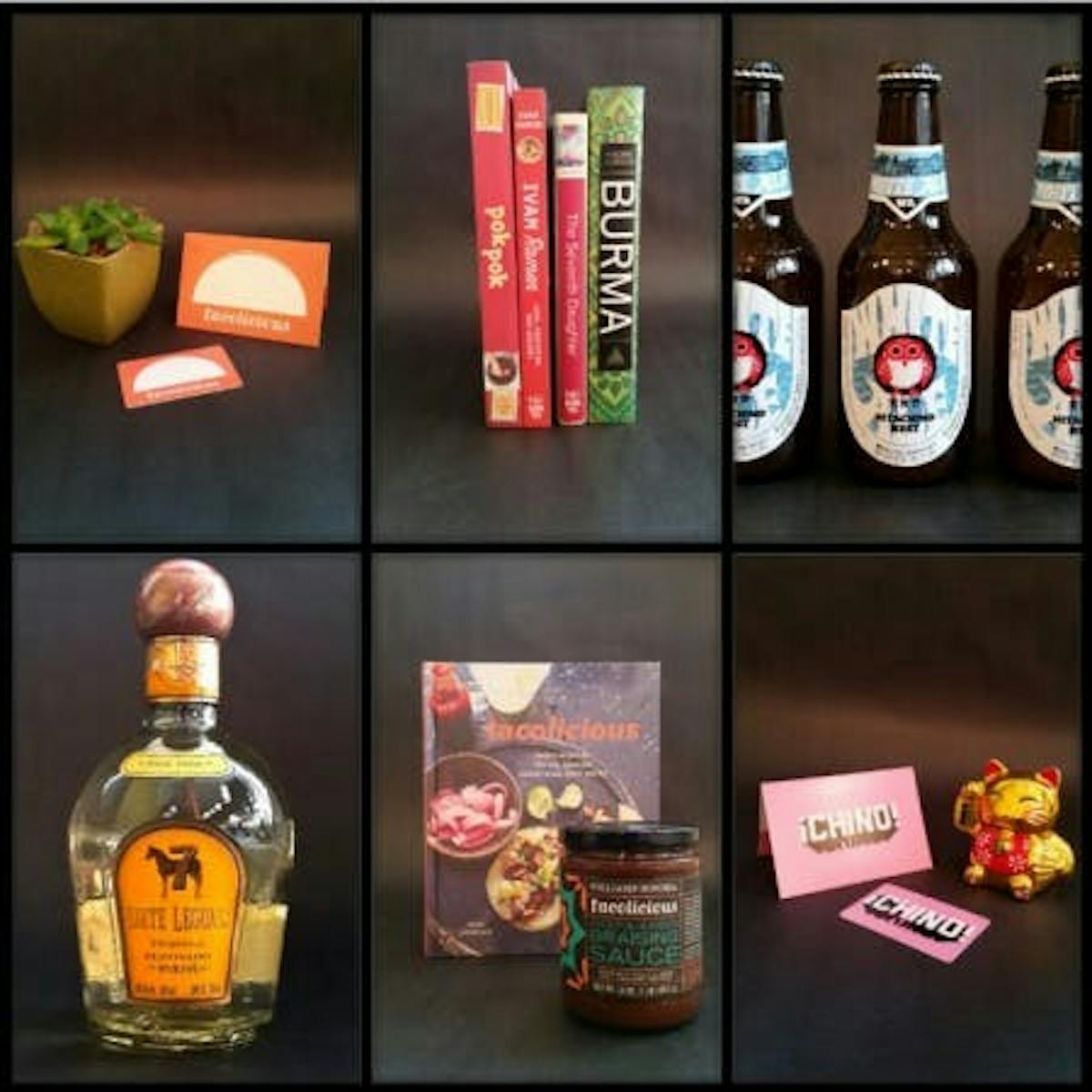 a bunch of bottles of alcohol and a jar with sauce and some recipe books collage
