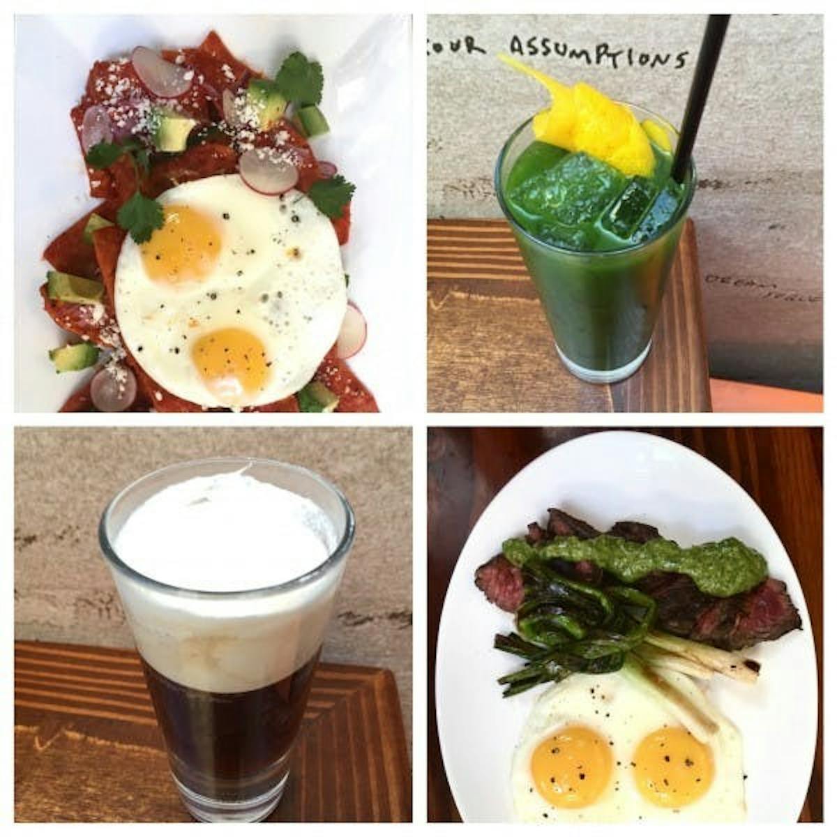 a collage with a photo of an egg served over tortillas, a green soda, a glass of michelada and a plate with eggs and steak