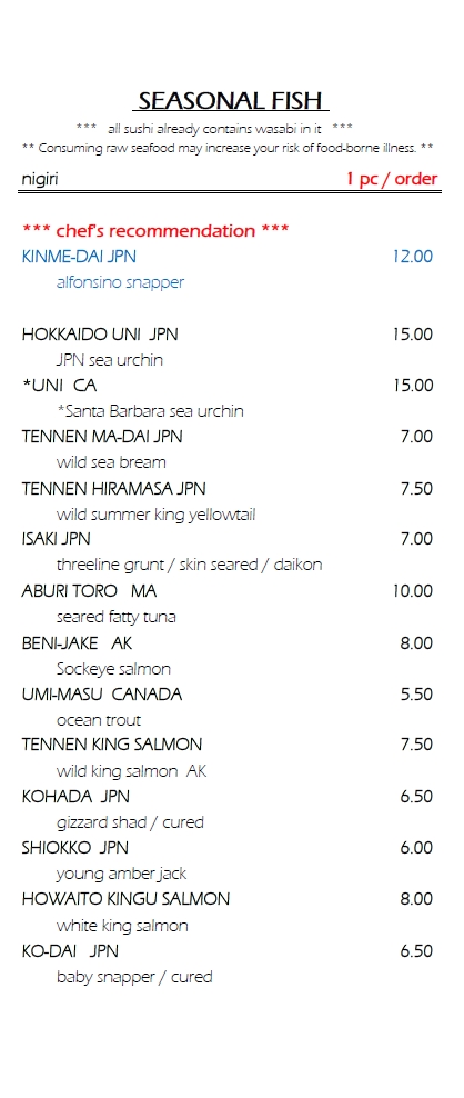 Menus | Sushi Taro