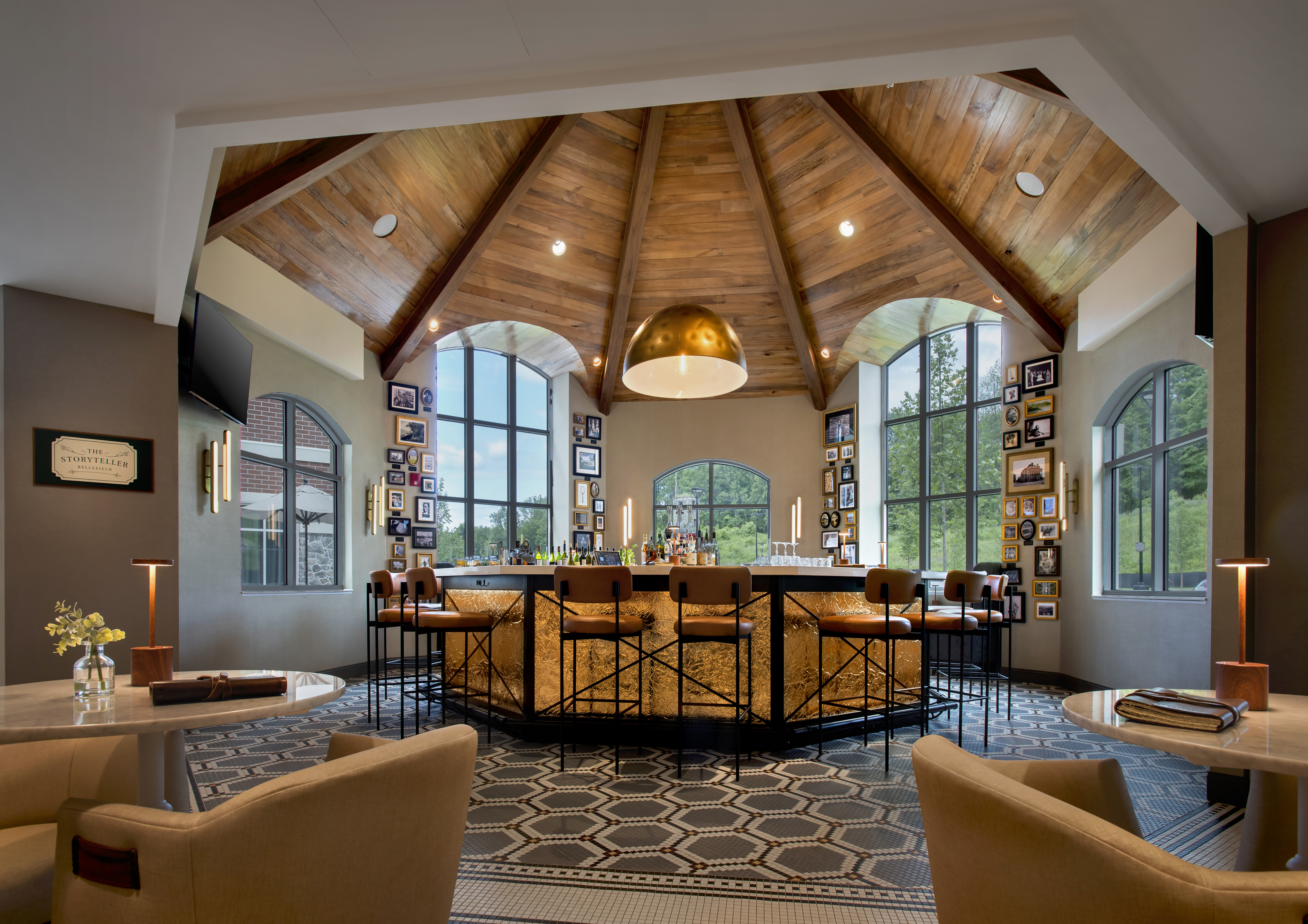a room with a large table and chairs
