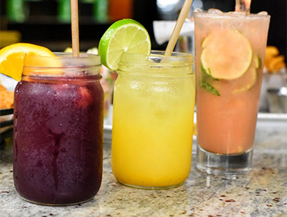 Close up of three cocktails served as Happy Hour drink specials near Menlo Park Mall, Edison, New Jersey.