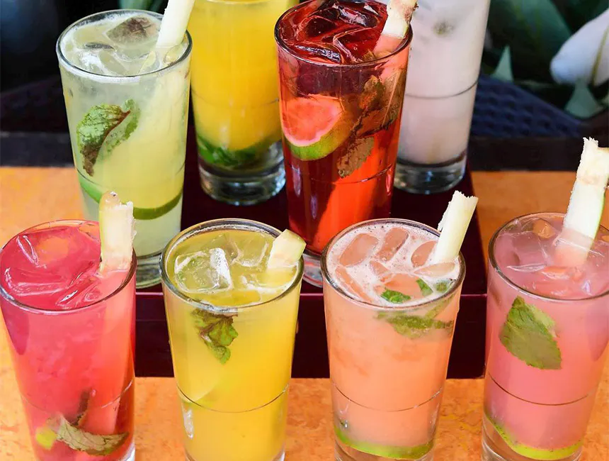 A variety of seven drinks served for corporate happy hour near Upper East Side, Manhattan, New York.