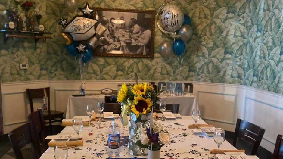 Tables with balloons and other decorations at our graduation party venue near Manhattan, New York.