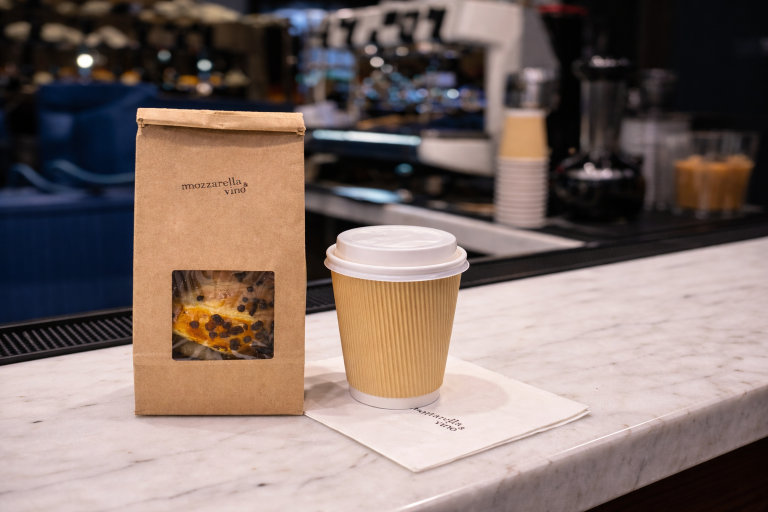 Coffee and croissant to go on a bar 