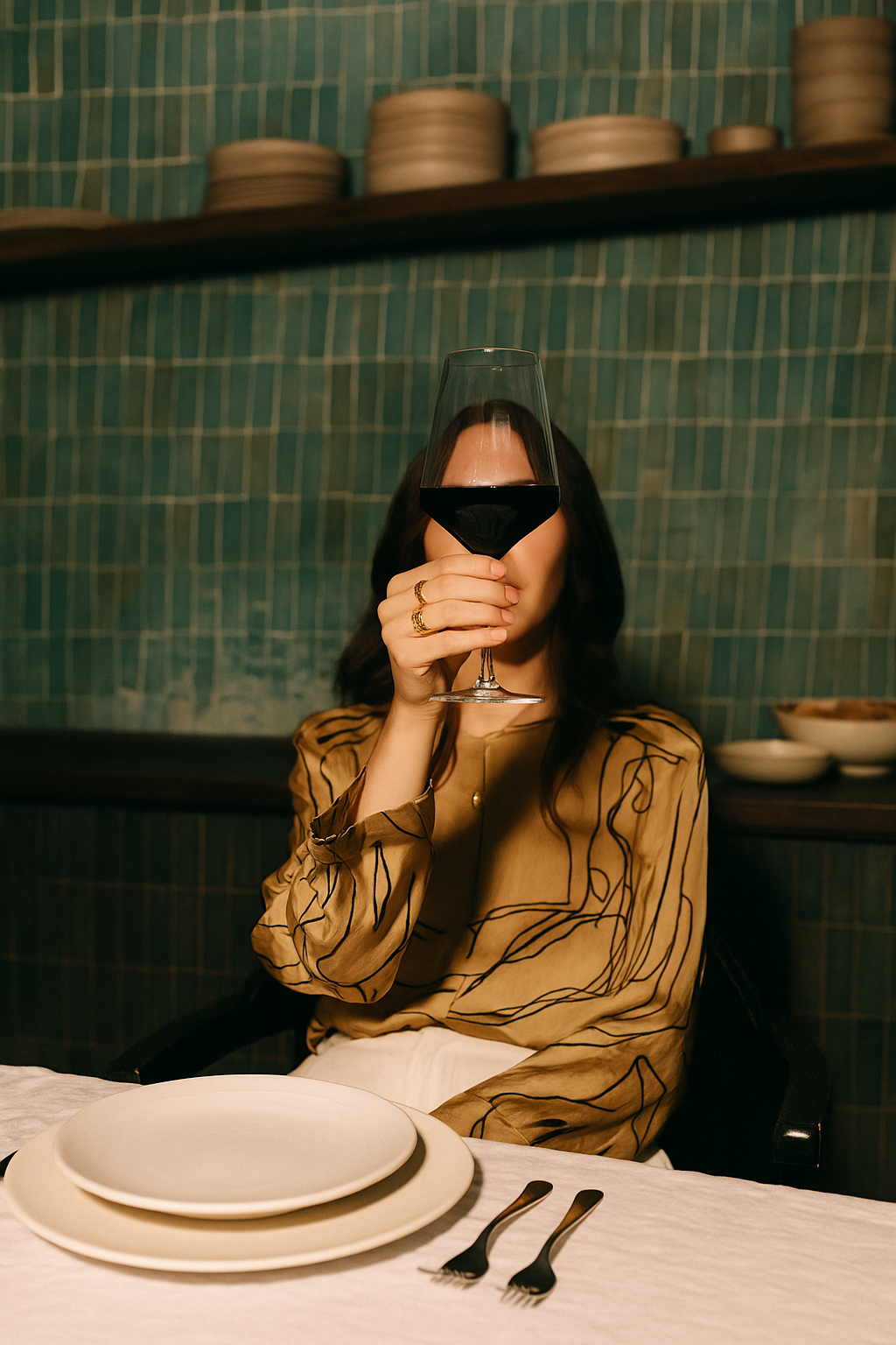a woman sitting on a table