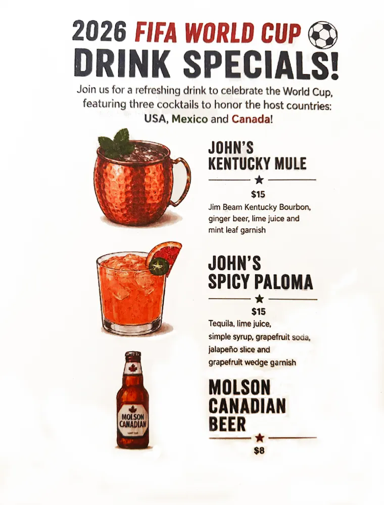 a menu with a bottle of beer and a mug of liquid
