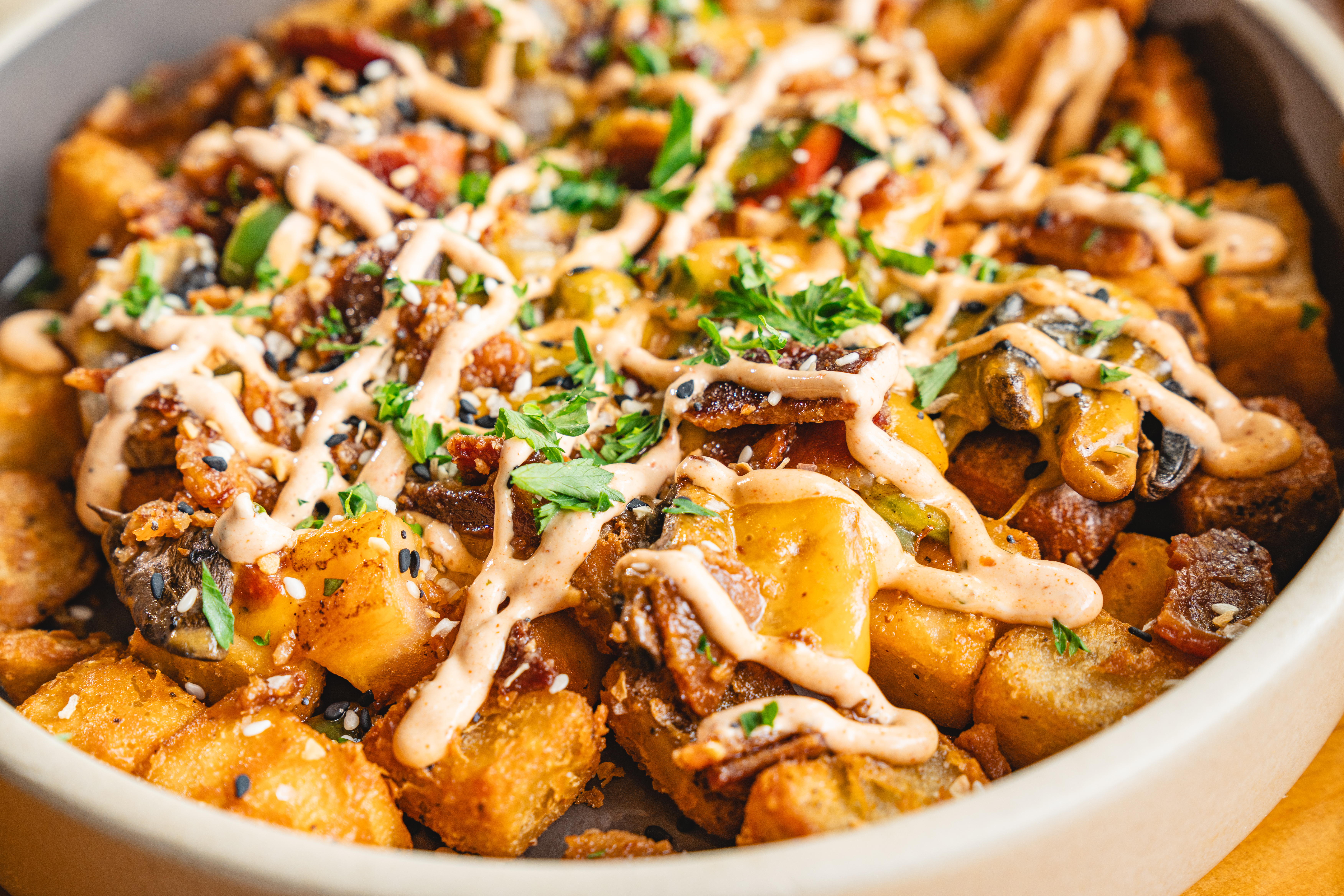 a dish is filled with food
