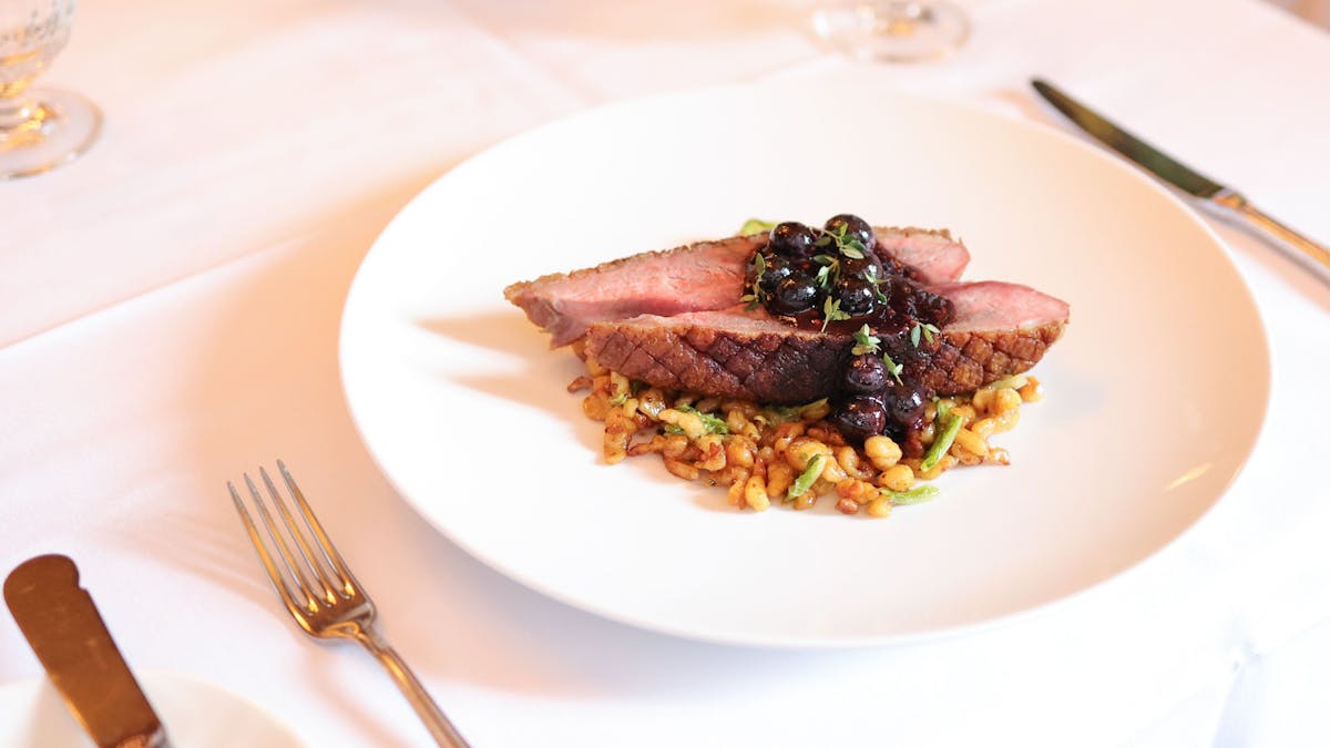 a plate of food with a fork and knife