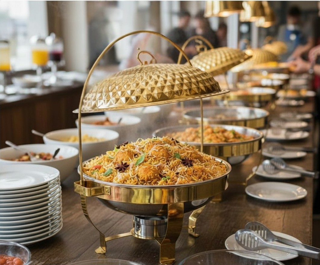 unique gold catering chaffing dishes available to catering customers