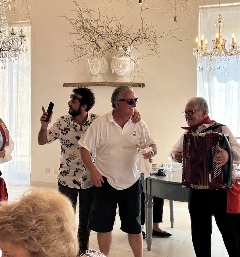 a group of people standing in a room