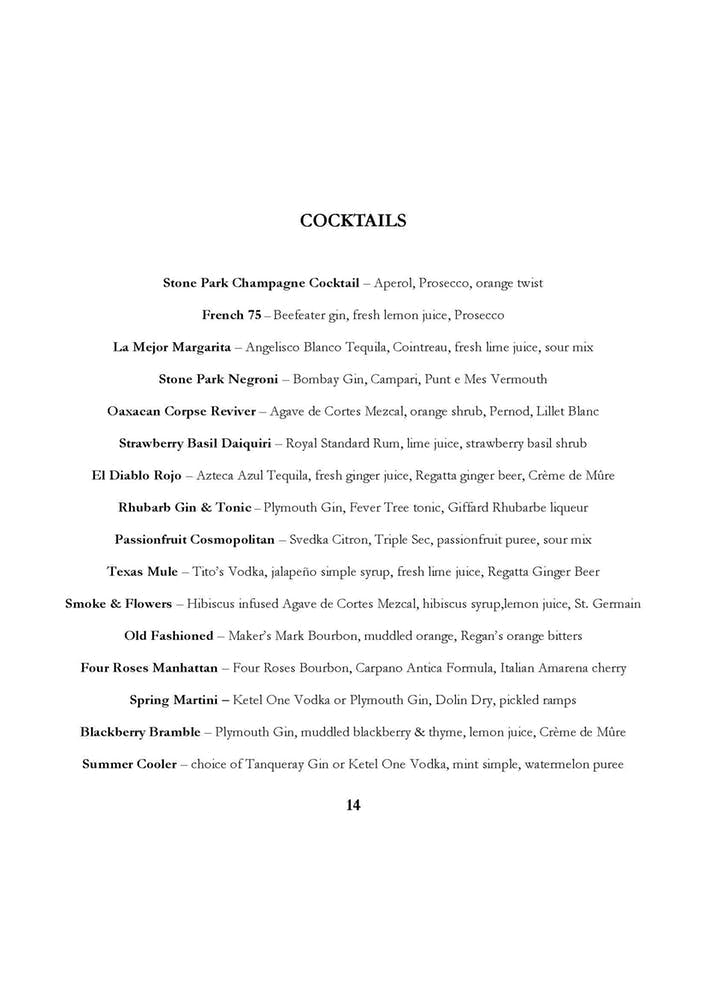 Menus Stone Park Cafe - 