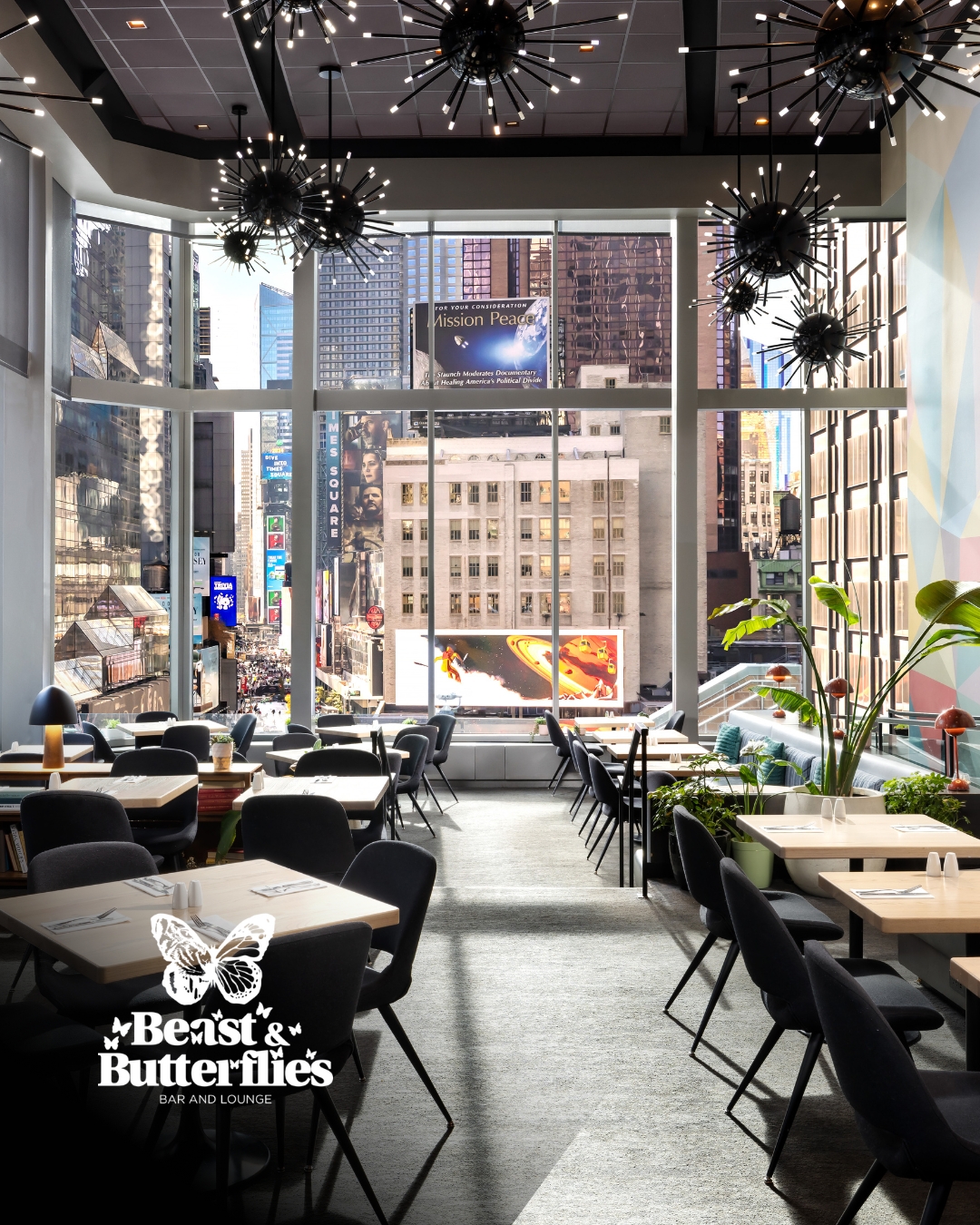 a dining room table in front of a building