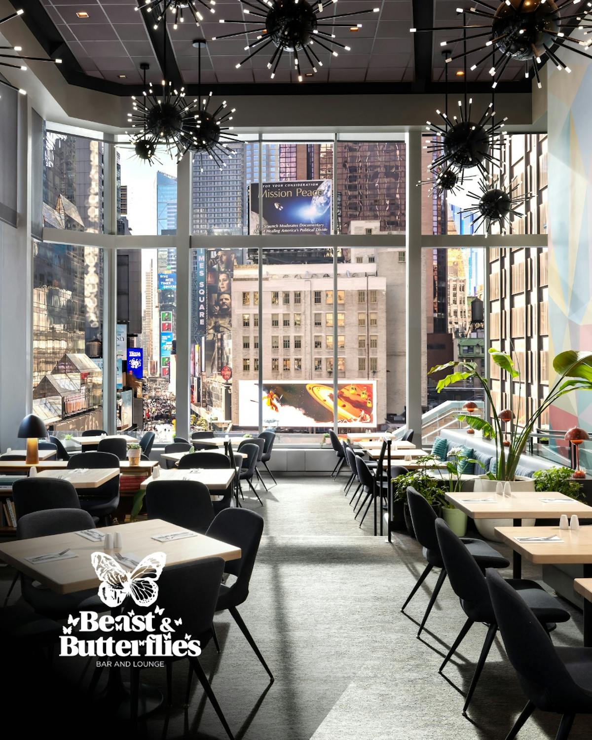 a dining room table in front of a building