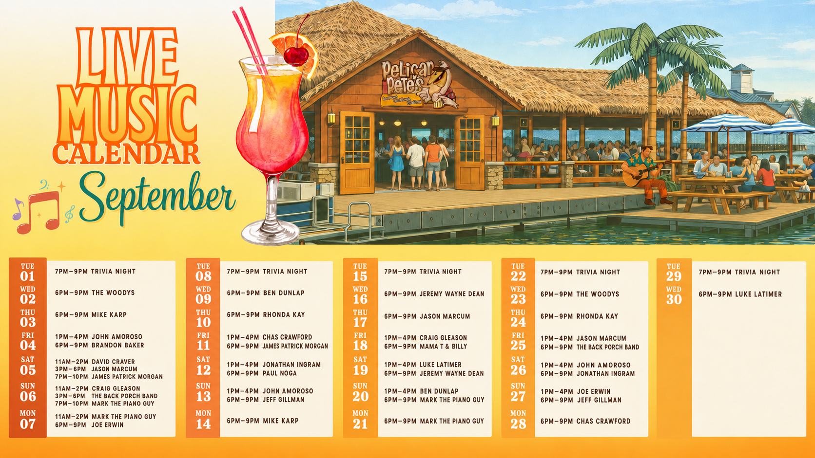 a calendar with a bar and people standing in front of it