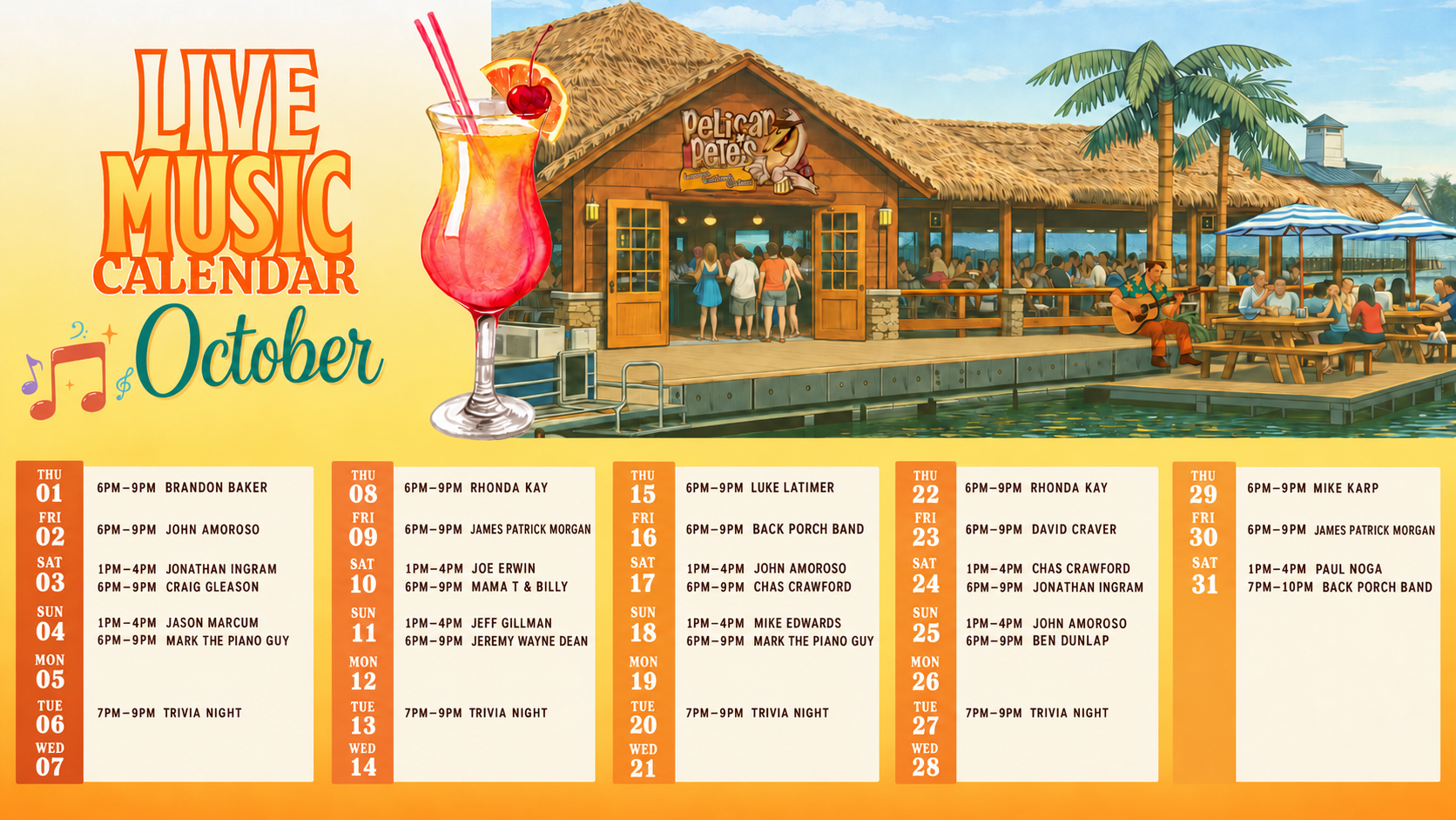 a menu with a drink and people in front of it