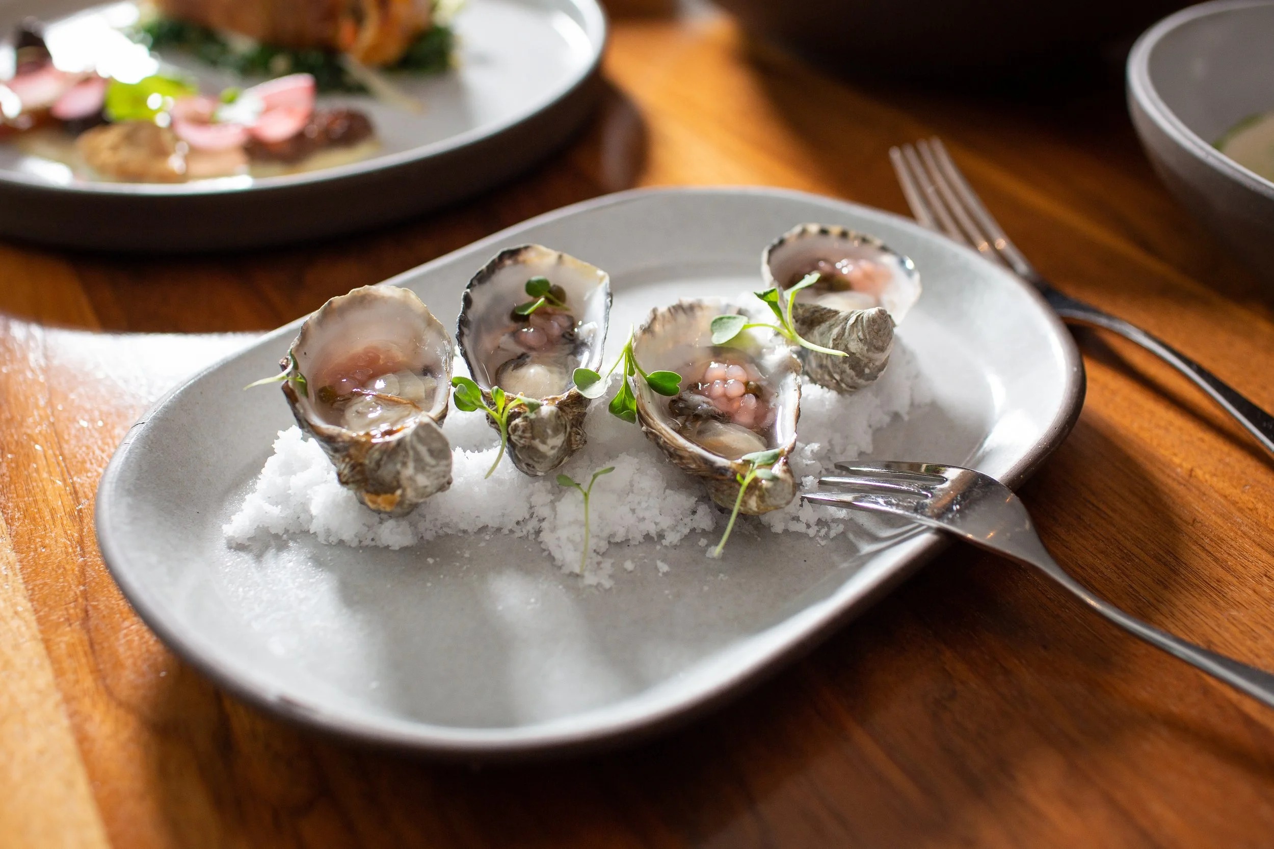 a plate of oysters with a fork and salt
