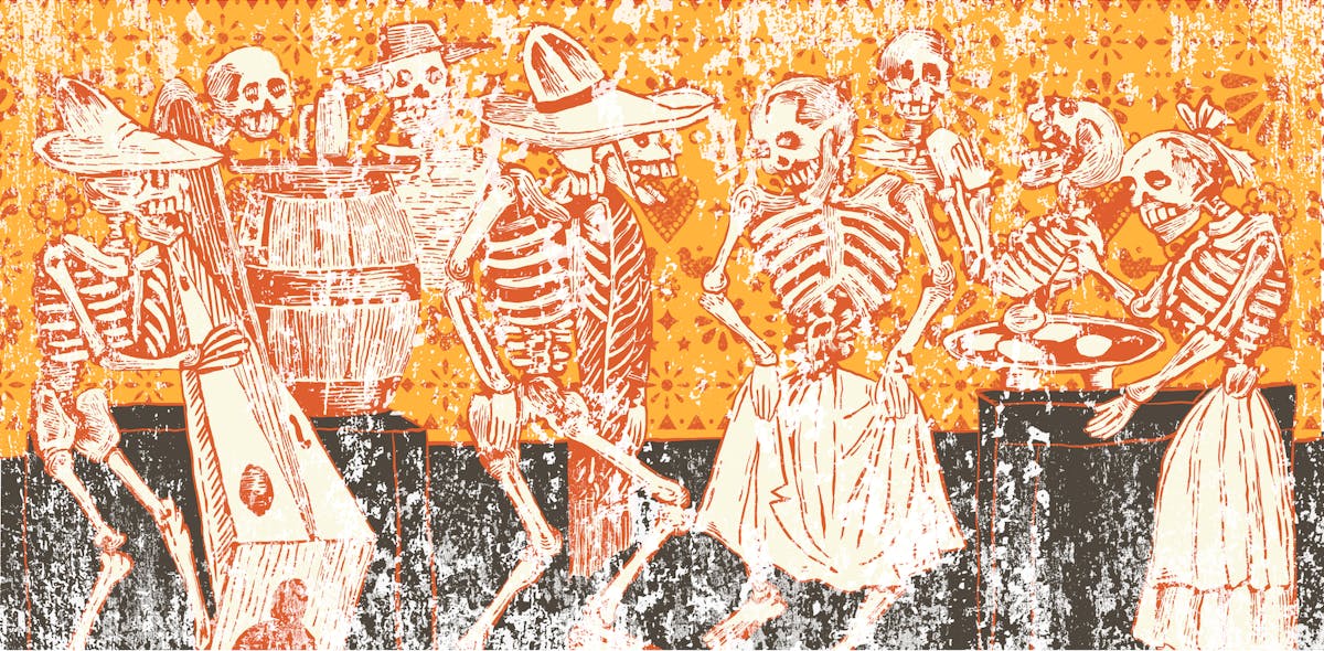 Many Skeletons standing in a image
