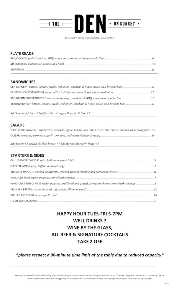 The Den Outside Restaurant Outside Bar Menu