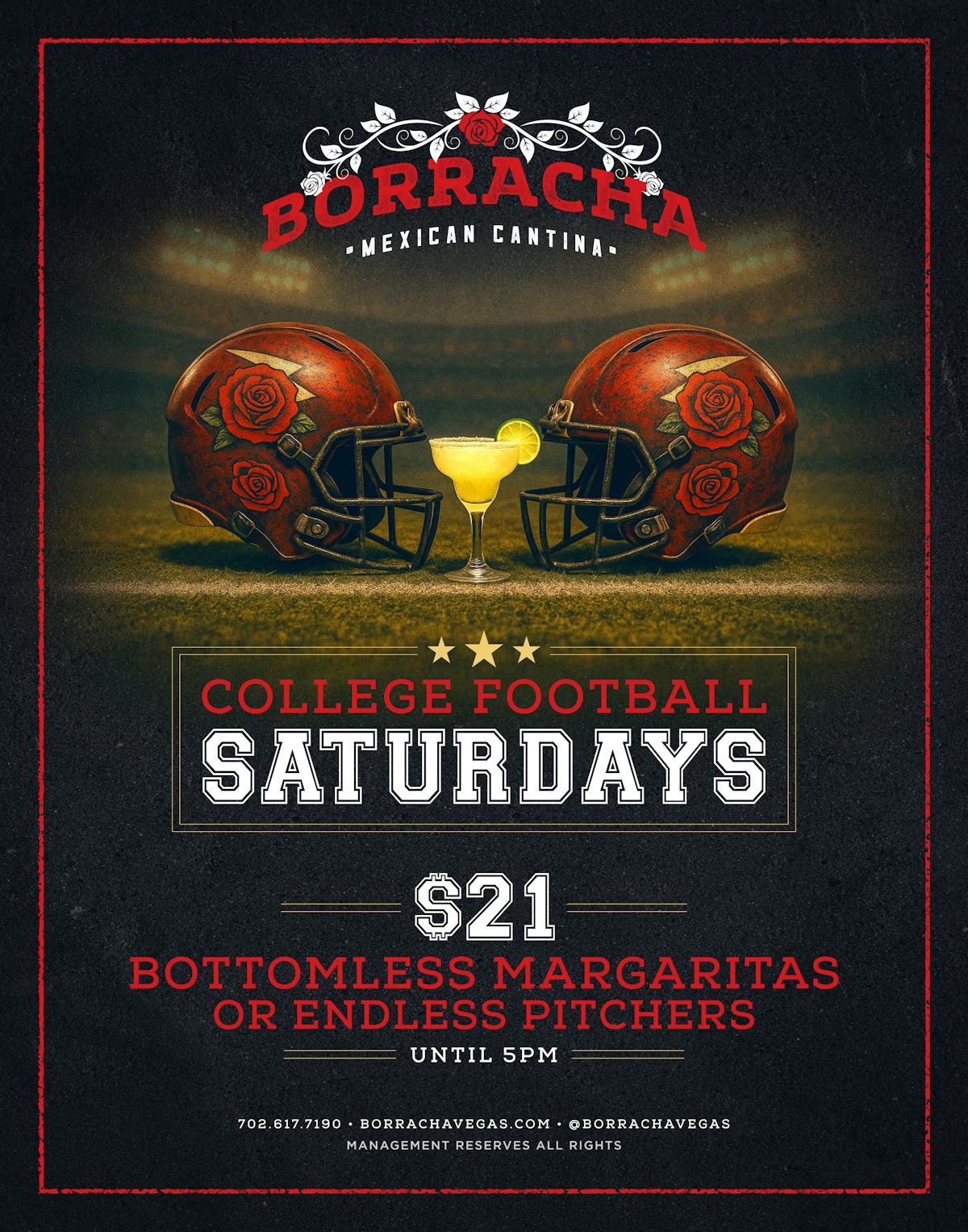 college football saturdays at borracha mexican cantina offering $21 bottomless margaritas and endless pitcher