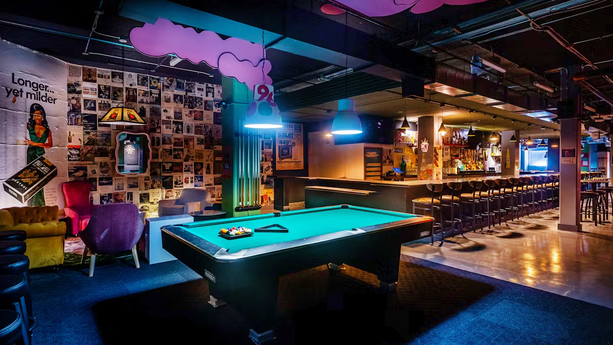 a dining room table in front of a building