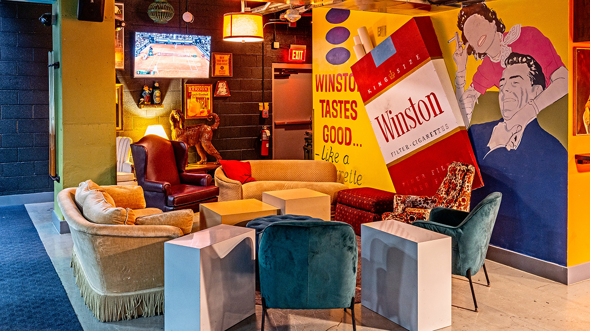 a chair sitting in front of a store