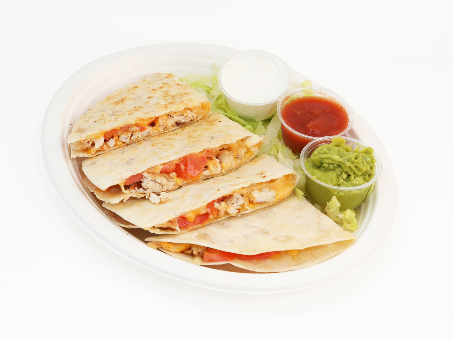 a plate of food with a slice cut out
