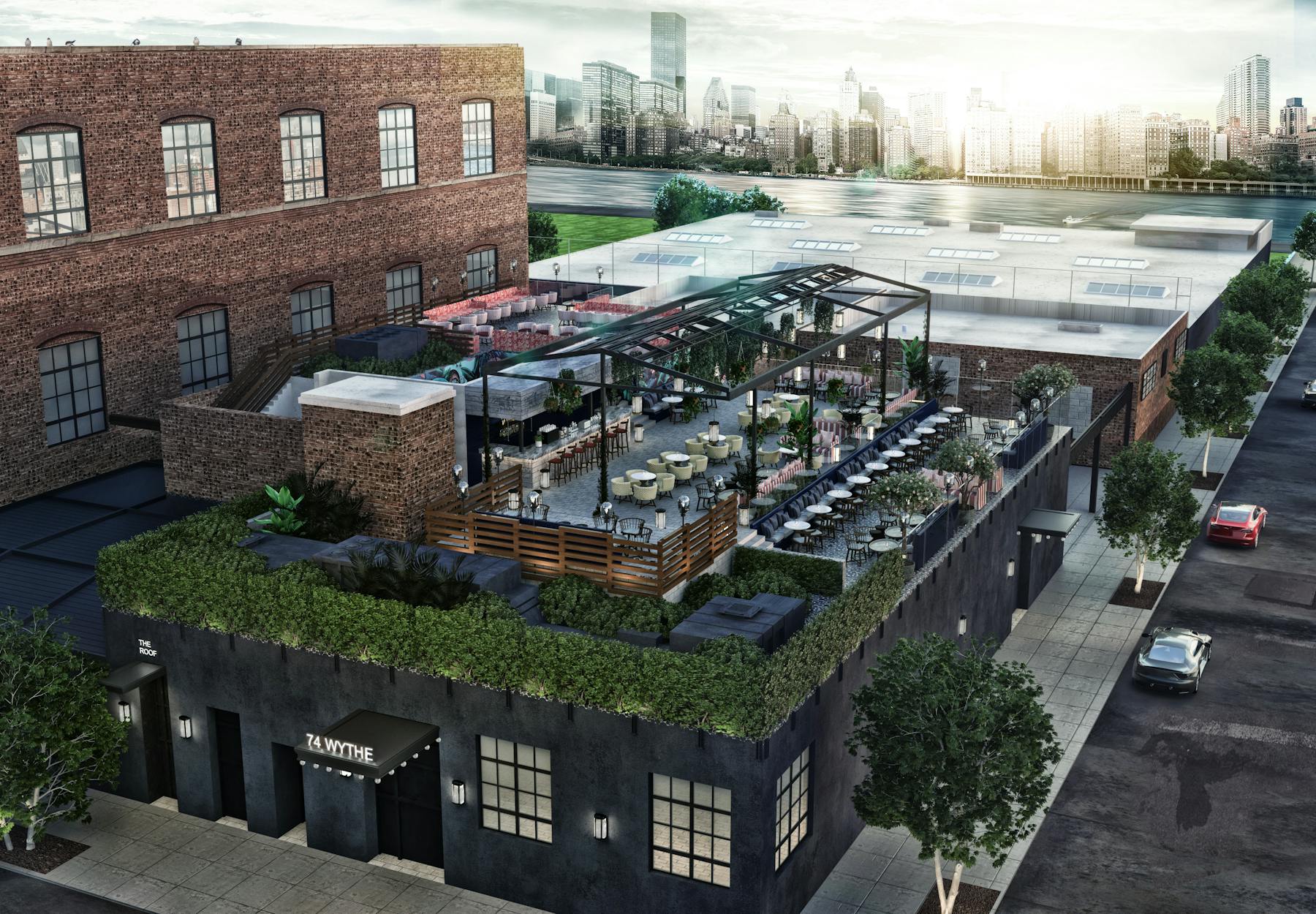 a train is parked on the side of a building