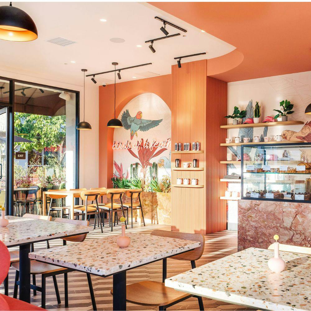 Bright and modern interior of Parakeet Café in Carlsbad, featuring terrazzo tables and a pastry display — a stylish spot for the best breakfast in Carlsbad.