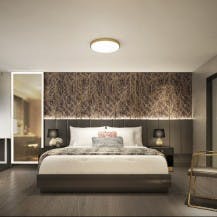 a bedroom with a bed and looking at the camera