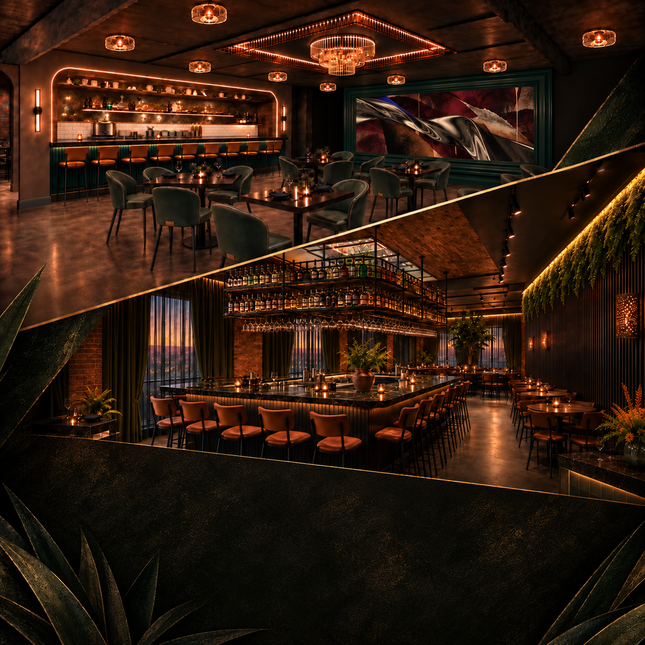 Warm Casa Oaxaca restaurant interiors with emerald seating, intimate dining tables, a marble bar, and amber lighting.