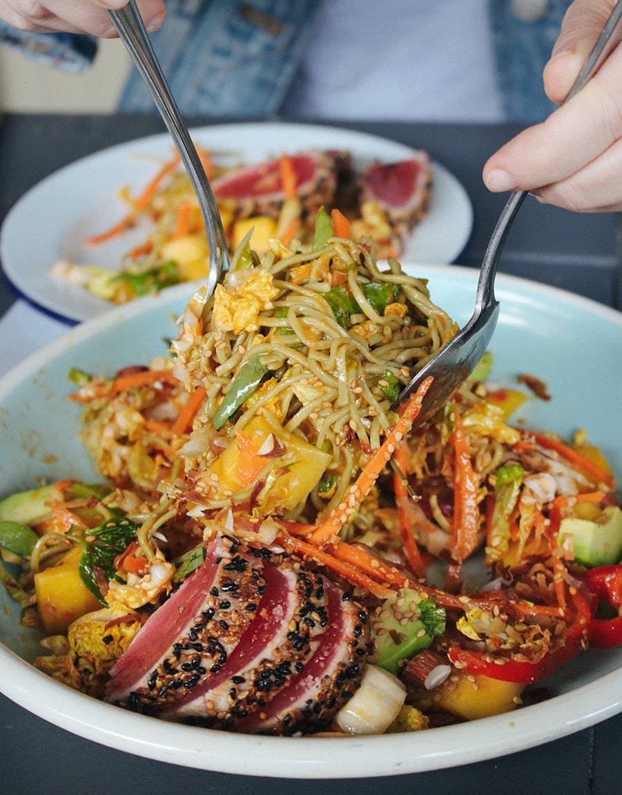 a plate of food with a fork