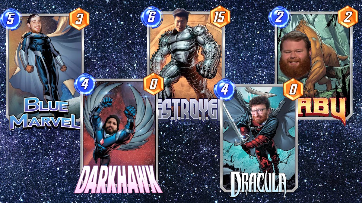 a group of people posing for a photo in card form inspired by marvel snap