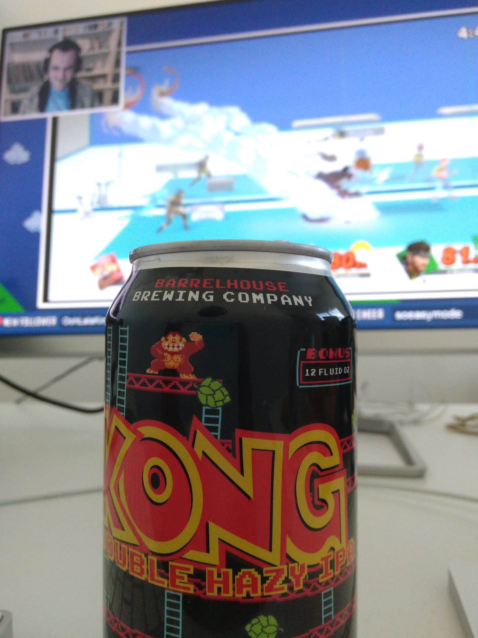 picture of a video game themed beer with Super Trashed stream in the background